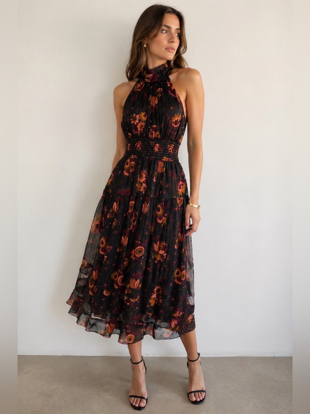Ulla Johnson Silk Floral Halter Midi Dress Black Boho Luxe
